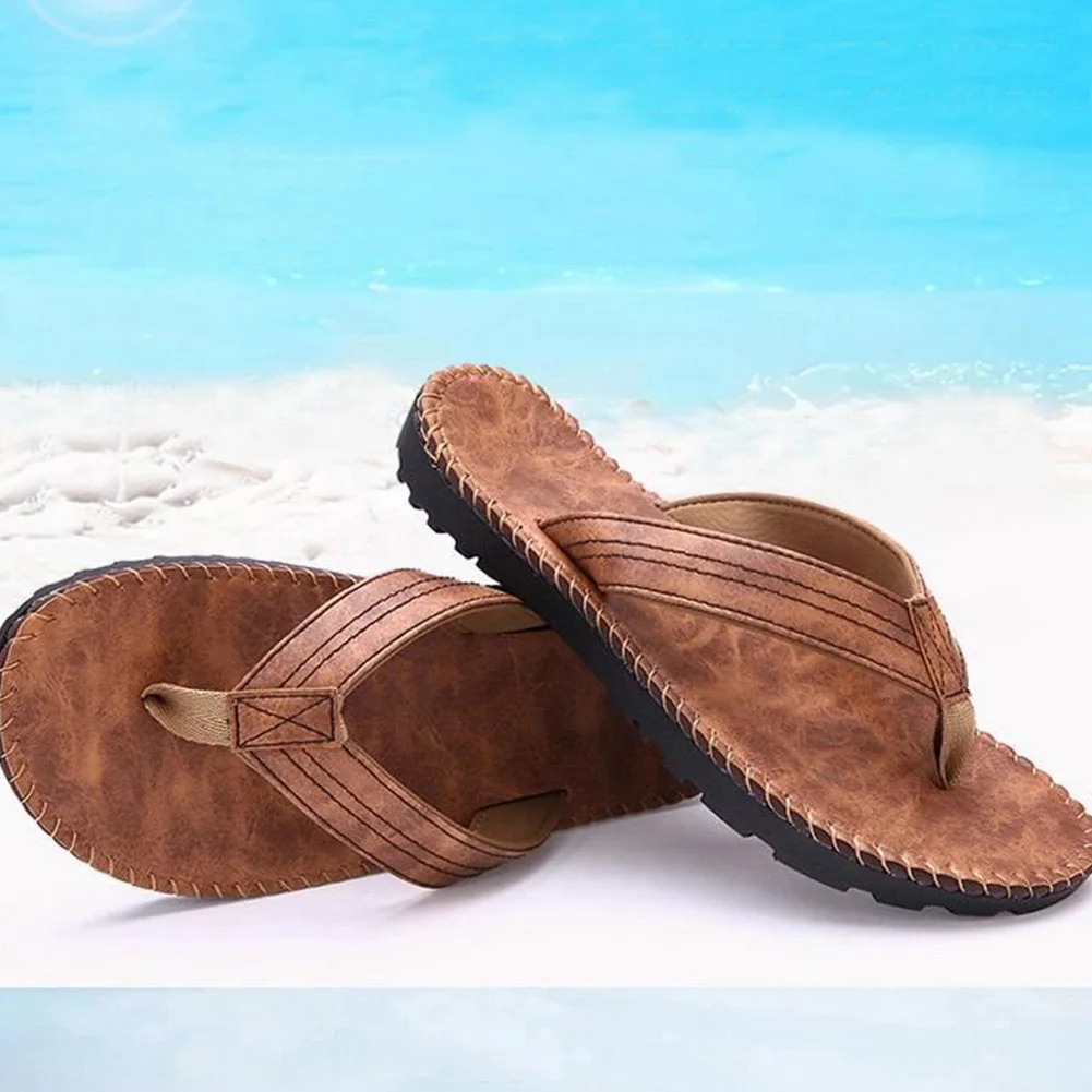 

Summer Men PU Leather Wearing Flip Flops Outdoor Beach Bathing Sandals Home Anti-slip Flat Slipper Shoes