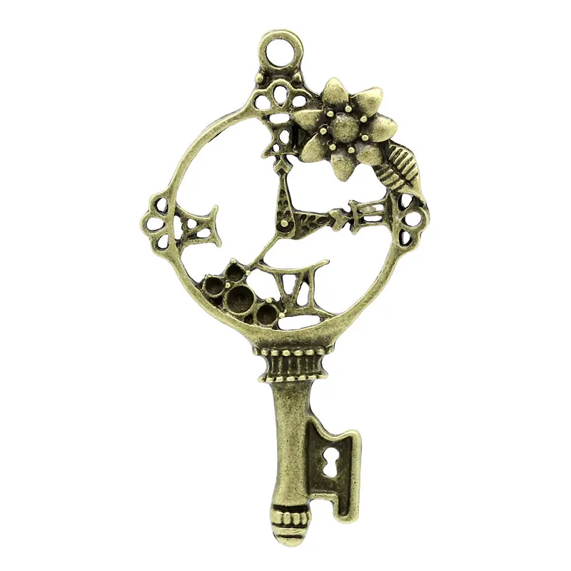 

Charm Pendants Key Antique Bronze Flower & Clock Carved Hollow 6.1x3.3cm,10PCs (B29460)