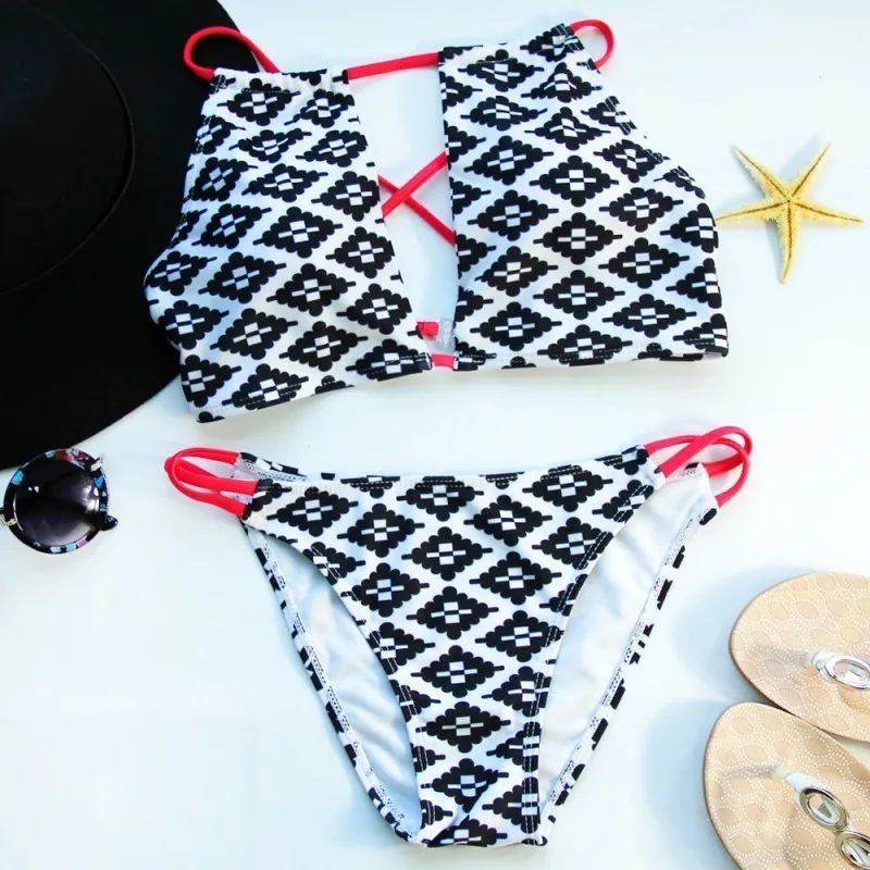 

PREETEE NEW 2018 Hot Design Swimwear Women Black And White Grid Bikinis Sexy Low Waist Bathing Suit Brazilian Flowers Swimsuits