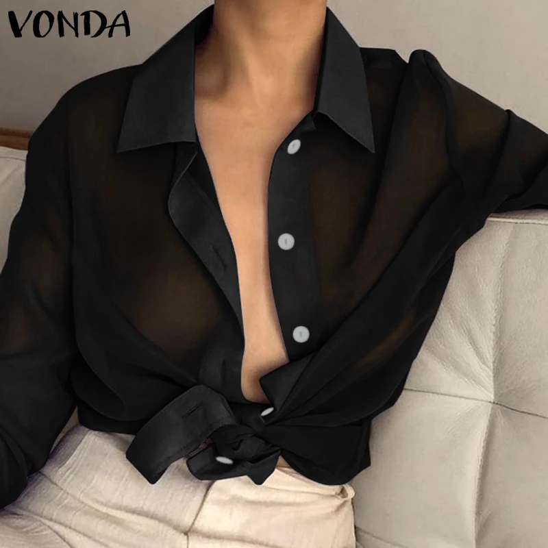 

VONDA S-5XL Women Sexy Lapel Neck Long Sleeve Blouse See Through Top Transparent 2019 Spring Summer Beach Wear Office Shirt