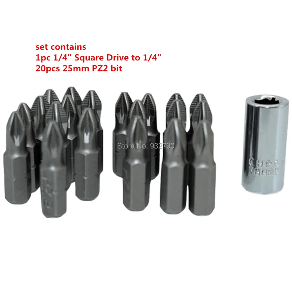 Отвертка Phillips Pozi Pozidrive 20 шт. 25 мм бит PH2/PZ1/PZ2/PZ3 + 1/4 &quotКвадратный привод на 1/4&quot