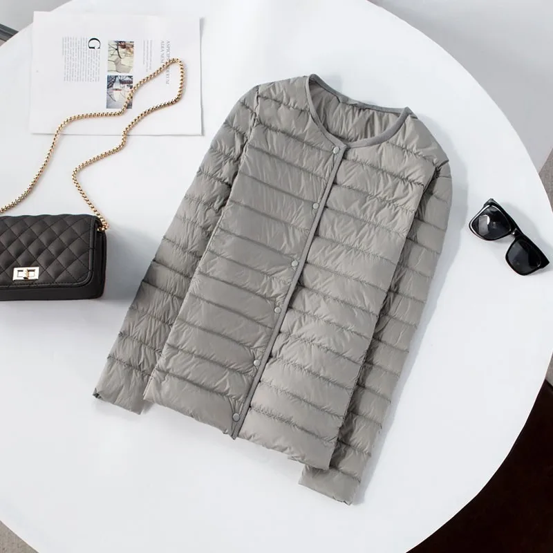 

Autumn And Winter Light And Thin Round Neck Down Jacket Female 2019 New Warm Underwear Collarless Women Coat Large Size HJ152