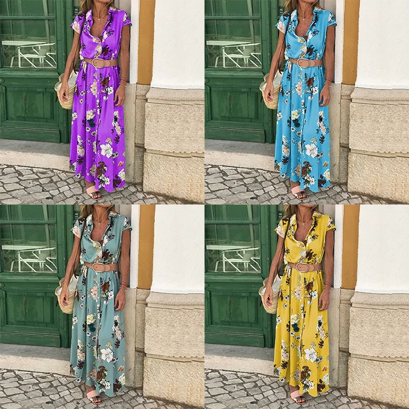 

Summer Women Boho Retro Ethnic Style Floral Print Holiday Loose Women Long Dress