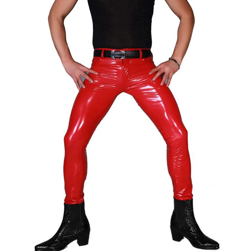 

Sexy Men PVC Shiny Pencil Pants Tight Faux Leather Plus Size Punk Tight Elastic Zipper Fly Moto Pants Nightclub Gay Wear