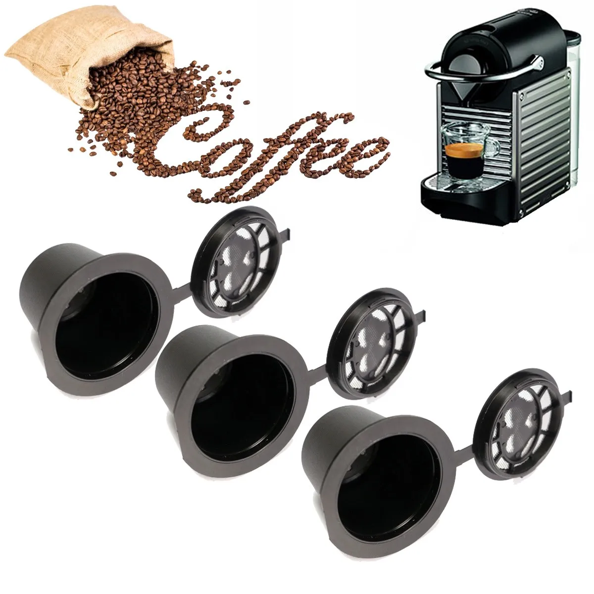 

Refillable Reusable Capsule Coffee Pods Cup for Nespresso Coffee Machine +1Pcs Plastic spoon
