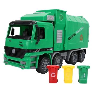 

High Quality Children Simulation Inertia Garbage Truck Sanitation Car Model Toys With Three Trash Can For Children Educational