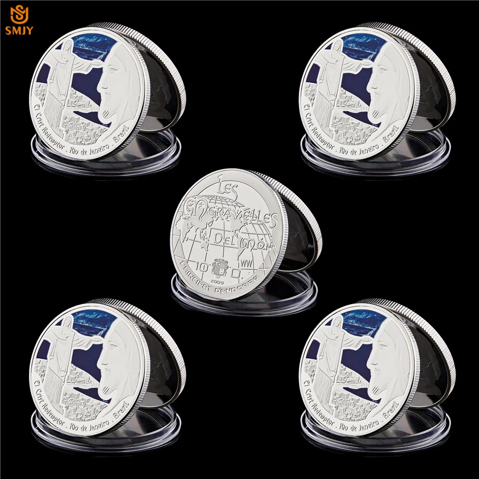

5PCS/Lot Brazil Rio Landmark Saint Jesus Christ Christian Platinum Religion Silver Plated Collectibles Coin