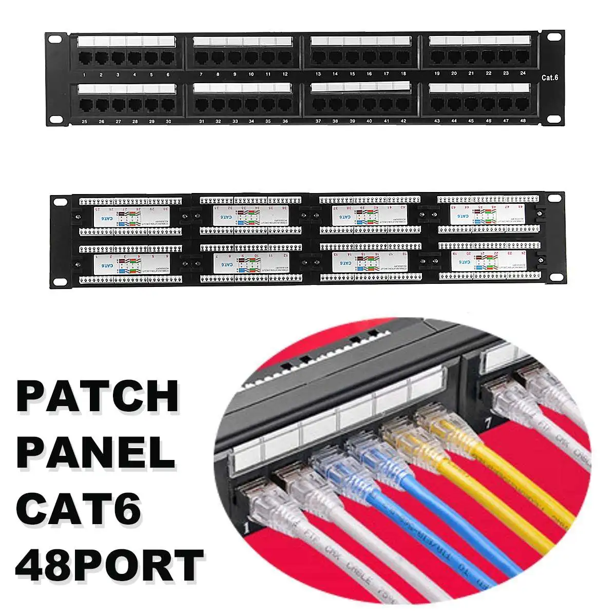 

LEORY 2U 48 Port CAT6 Patch Panel IRJ45 Network Ethernet Rack Mount 19 Inch Rack Networking Network Hubs