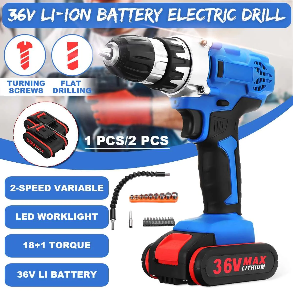 

36V Cordless Drill Double Speed 18+1 Torque Adjustment Electric Screwdriver Power Drills W/ 1/2 Li-Ion Battery Accessories
