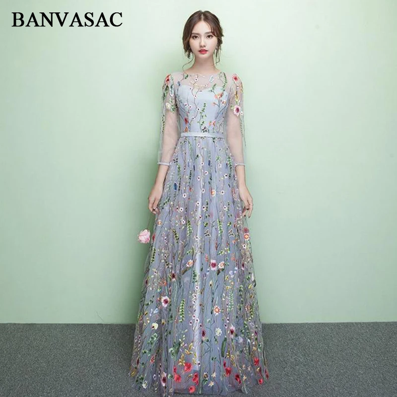 

BANVASAC O Neck Floral Print Lace Appliques Long Evening Dresses Party A Line Sash Prom Gowns