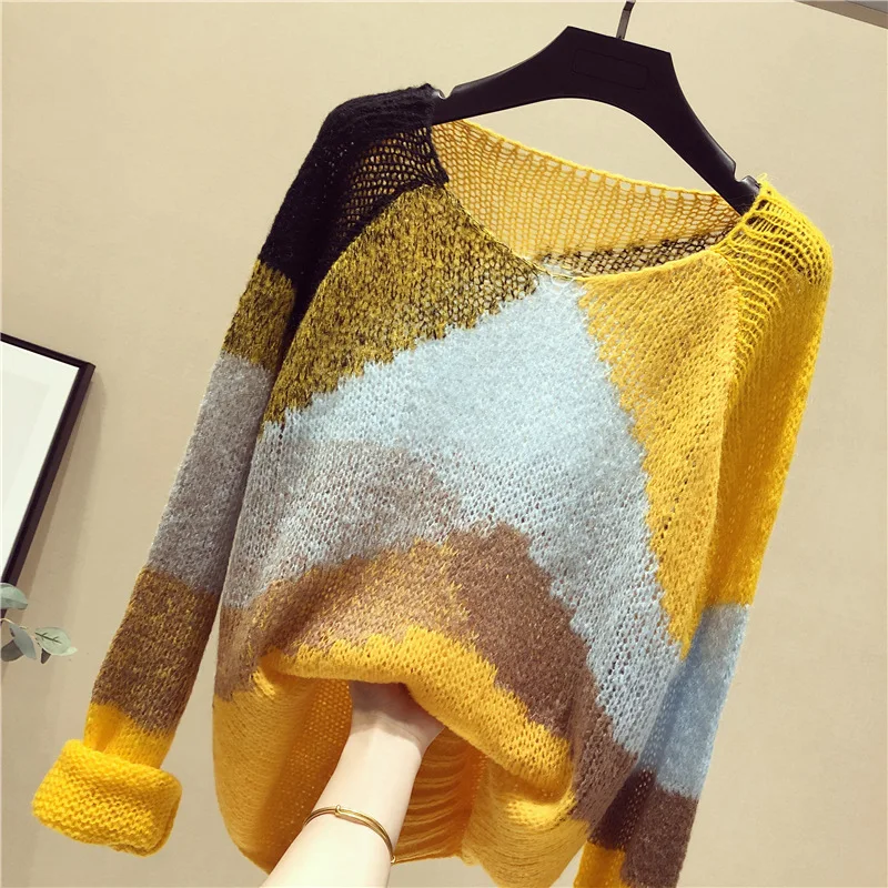 Thin Lazy Wind Sweater Pullover Early Autumn 2018 New Style Color-Block Loose-Fit Jumpers Female Long Sleeve Cutout Top Thin Lazy Wind Sweater Pullover Early Autumn 2018 New Style Color-Block Loose-Fit Jumpers Female Long Sleeve Cutout Top