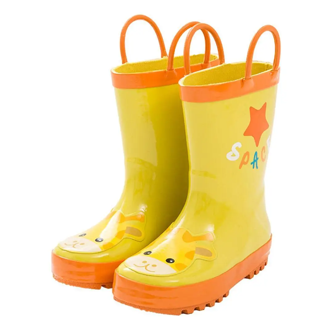 

Toddler Kids Cartoon Waterproof Rubber Rain Boots with Fits small size, take your normal size Easy-On Handles