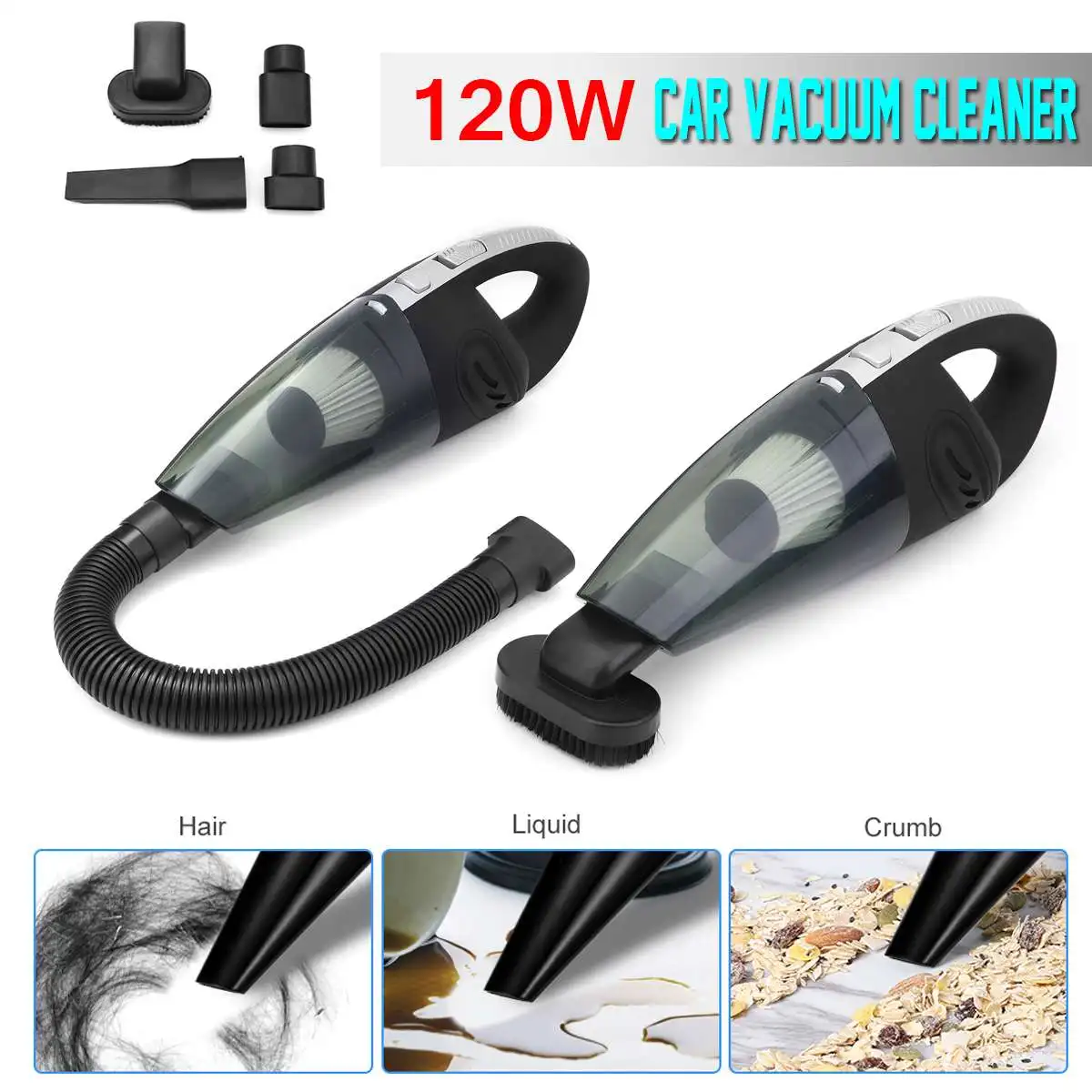

120W Handheld Car Home Cordless Rechargeable Dust Vacuum Cleaner Dry Wet Use With Different Nozzles Detachable Double Filtration
