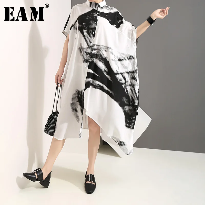 

[EAM] 2019 New Spring Summer Stand Collar Half Sleeve Pattern Printed Irregular Hem Loose Big Size Dress Women Fashion JU418