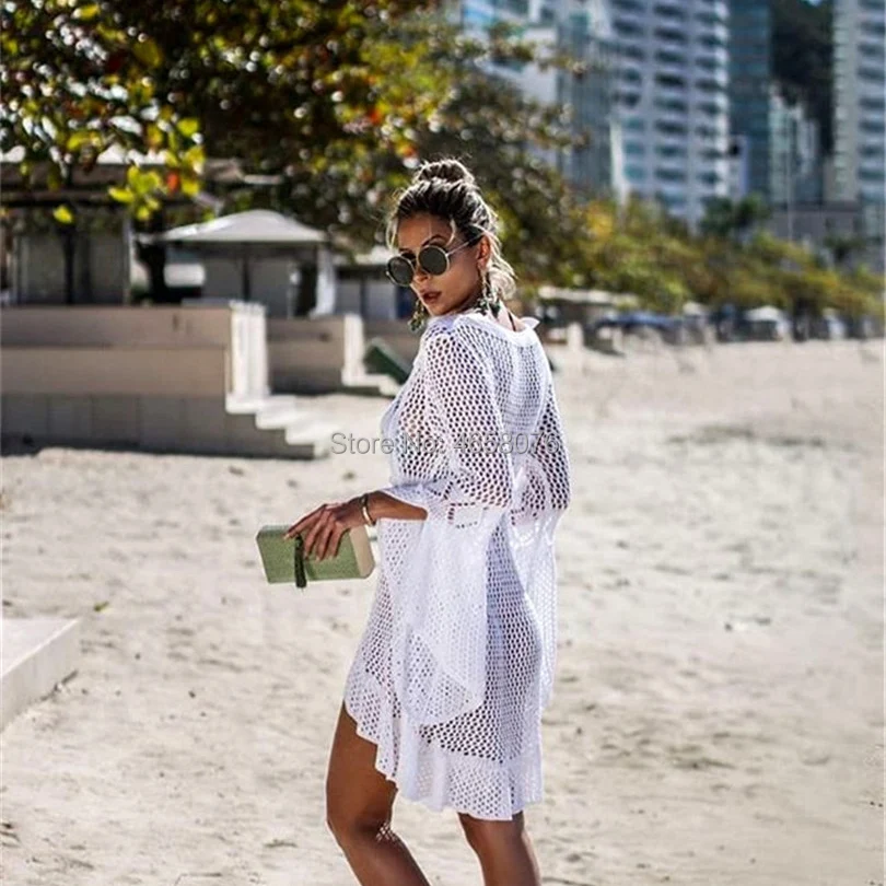 

White Knitted Beach Cover up Dresses Pareo de Plage Swimsuit cover Up Beach wear Pareos de Playa Mujer Bikini Cover up