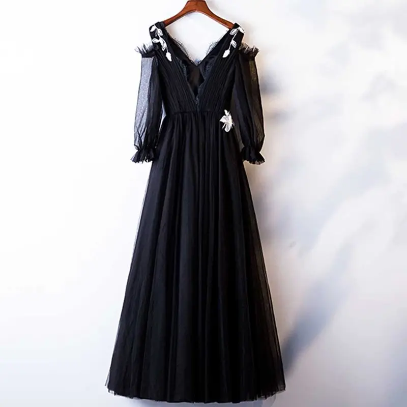 Dressv black v neck evening dress long sleeves backless appliques floor length wedding party formal dress evening dresses