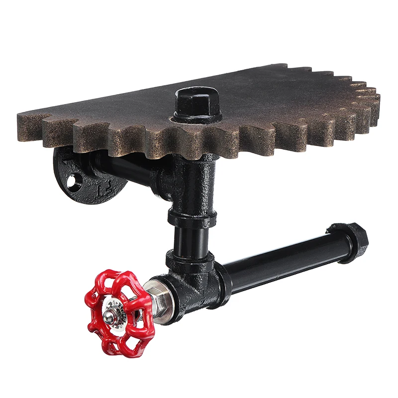 

Vintage Bathroom Toilet Paper Holder Roller Industrial Style Wood Gear Wall Shelf Paper Holder Wall Mount Metal WC Paper Rack