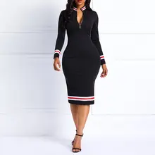 Женские платья миди, элегантные сексуальные черные офисные женские повседневные облегающие платья на молнии в полоску с высоким воротом, женские модные красные весенние платья