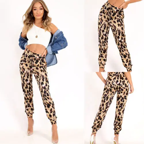 Hot Fashion Stylish Women s High Waist Autumn Casual Drawstring Elastic Long Pants Ladies Leopard Trousers Pencil Pant