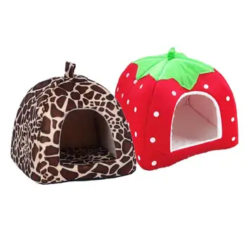

Soft Strawberry Leopard Pet Dog Cat House Tent Kennel Doggy Winter Warm Cushion Basket Animal Bed Cave Pet Products Supplies
