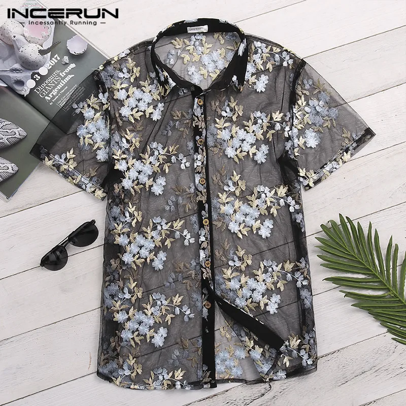 

Brand Summer Lace Shirt Men Shirts See Through Tops Transparents Camisas Dress Floral Shirt Vacation Beach Shirts Club Party