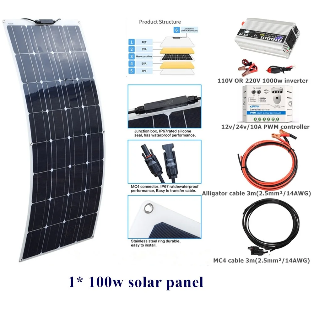 

100w Flexible Solar Panel System Kit 12v/24v/10A controller 110V OR 220V 1000w DC12V inverter For Outdoor Home Garden Lawn Car