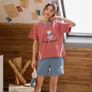 

Female Summer Short Sleeve Shorts Cotton Set Pajamas Summer Korean Version of the Loose Can Outer Wear Fashion Women Summer Home