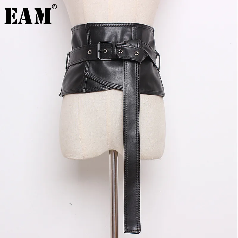 

[EAM] 2019 Spring Summer Woman Stylish Solid Black Color Soft Leather Square Buckle Adjustable Waist Waistband All Match LE342