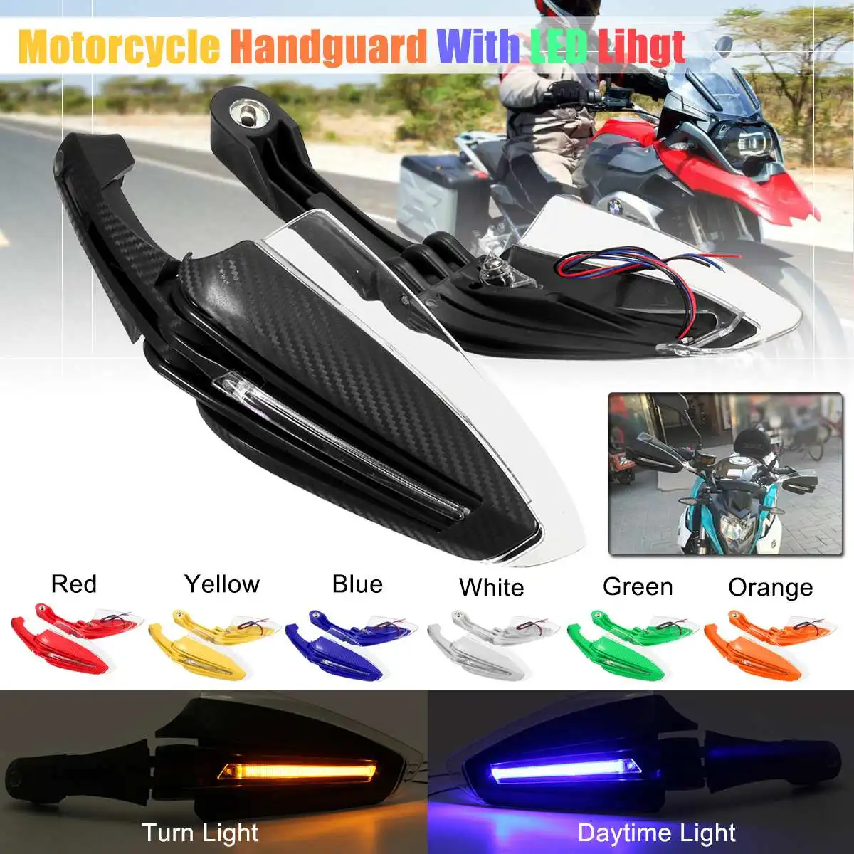 

Pair Motorcycle Modified Hand Guard Handguards Windshield Deflector Inbuilt Daytime Running Turn Signal LED Lights