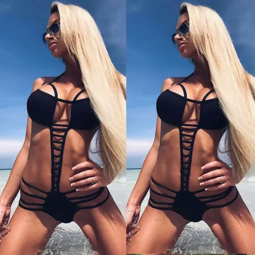 

New Women One Piece Bikini Set Push-up Padded Bra Swimsuit Solid Color Swimwear Halter Bandage Beachwear Low Waist Beachwear