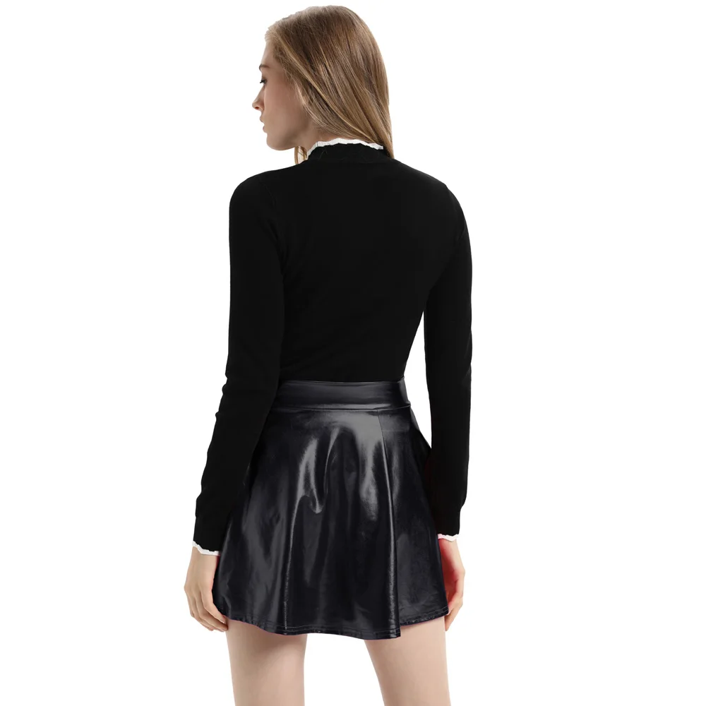

1 X Womens Shiny Metallic Wet Look Latex Skater Flared Short Pleated Mini Skirt