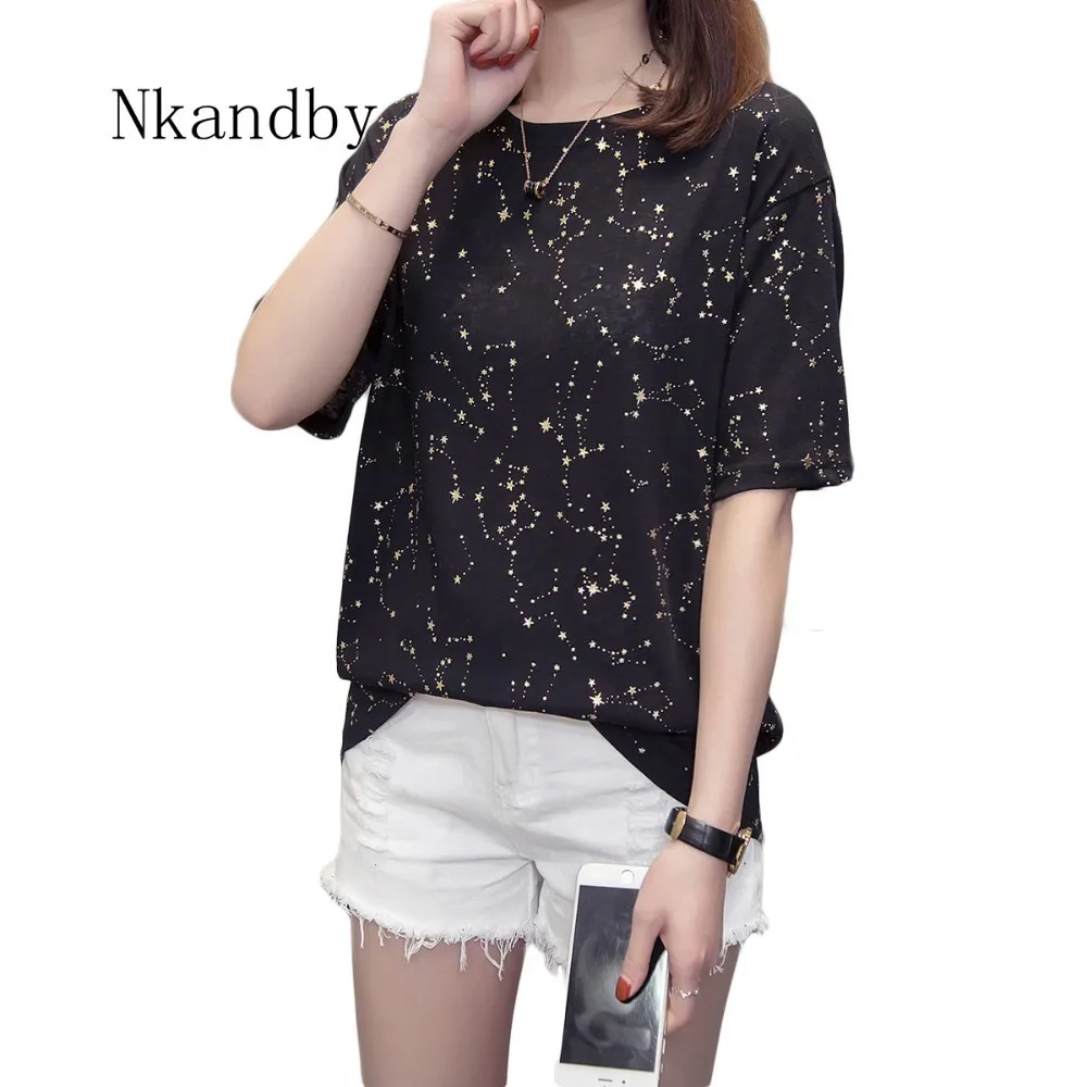 Nkandby размера плюс женские футболки топы летние женские футболки с золотой звездой Топы 4XL больше размера d забавные женские футболки с коротким рукавом
