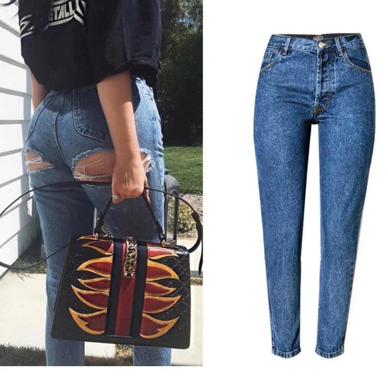 Streetwear Jeans strappati da donna con foro sul culo per donna Slim Plus  Size Jeans blu pantaloni vita alta Jeans a gamba dritta Denim Sexy -  AliExpress Women's Clothing