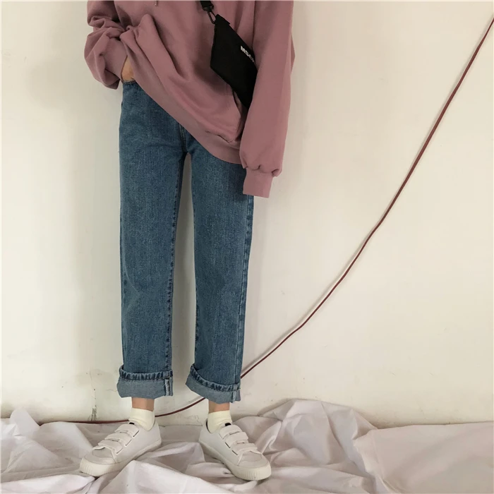 

2019 Spring Autumn Women Solid Color Straight Pants Pockets Casual Retro Jeans Woman BF Denim Pants