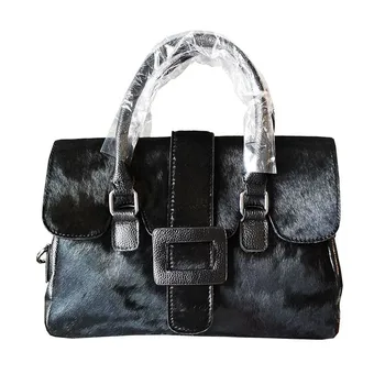 

Vintage Belt Buckle Cowhide Leather Bags Women Handbag Large Capacity Boston Bag Woman Genuine Leather Horsehair Tote Black