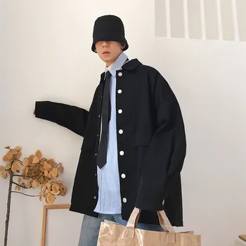 

2019 Korean Spring Men's Fashion Tide High Street Reflect Light Letters Lapel Loose Casual Black/Khaki Color Jackets Coats M-XL