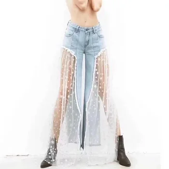 

New Style Women Casual Ripped Lace Stars Mesh High Waisted Denim Pants Jeans Trousers Wide Leg Pants