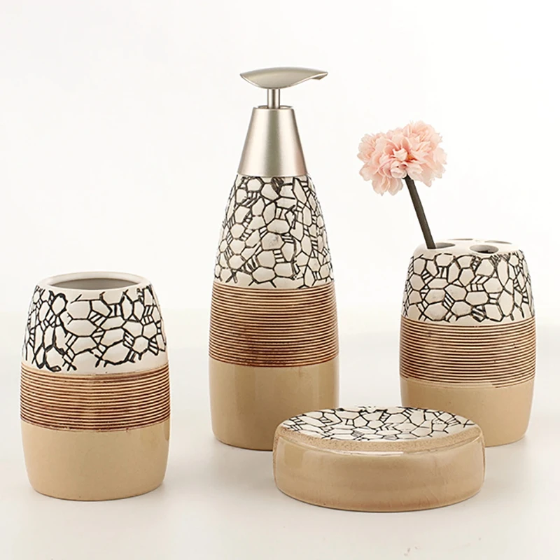 100% Ceramic Bathroom Accessories 4 Piece Set Bath Gift Set Toothbrush Holder Set Tumbler Soap Dish Including Soap Dispenser