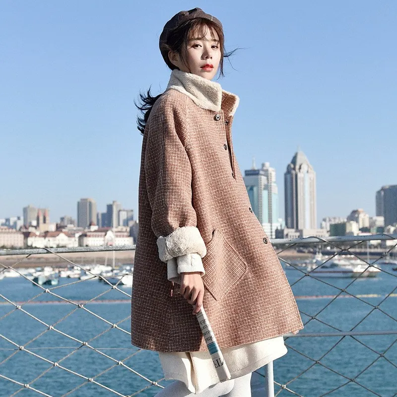 Mode 2018 Nouveau Montant En Agneaux Manteaux Élégant De Col Plaid Kaki Laine Automne Survêtement Manteau Femmes Hiver Cachemire Long uOXPZki