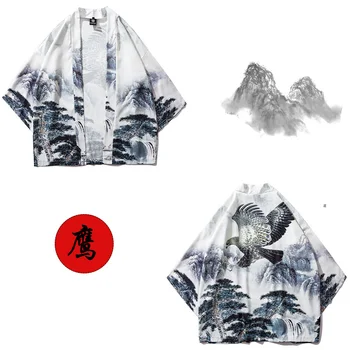 

Japanese Style Ukiyo-e Scenery Men Jacket Cardigan Thin Asian Clothes Haori Streetwear Print Unisex Eagle Kimono 2020 News