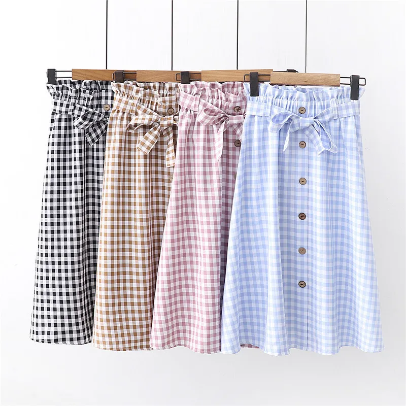 

2019 Spring Summer High Waist Plaid Skirts Korean Fashion Midi Skirt Vintage A-Line Checkered Skirts