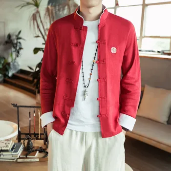 

China Retro Style Long-sleeved men Shirt Cotton and Linen Fabric Embroidery Mens Shirts Asia size S-5XL