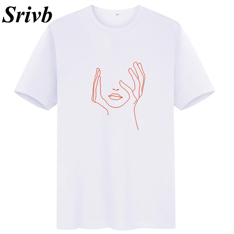 Srivb اليد الفم Kawaii T قميص المرأة نعرفكم مضحك محب تي شيرتات ورق الرسم البياني فام أسود أبيض الأزياء القطن المرأة تي شيرت قمم