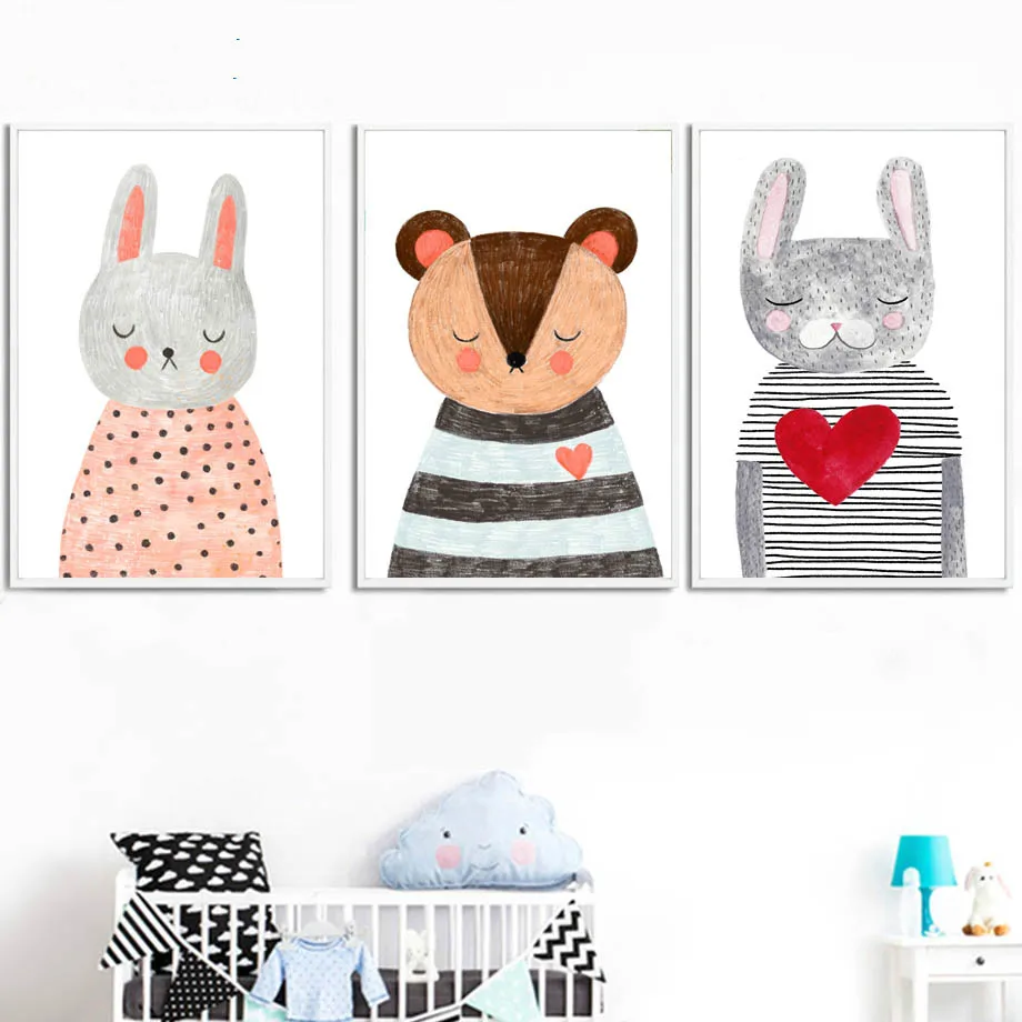 

Watercolor Rabbit Bear Wall Art Canvas Painting Nordic Posters And Prints Nursery Prints Wall Pictures Baby Girl Boy Room Decor