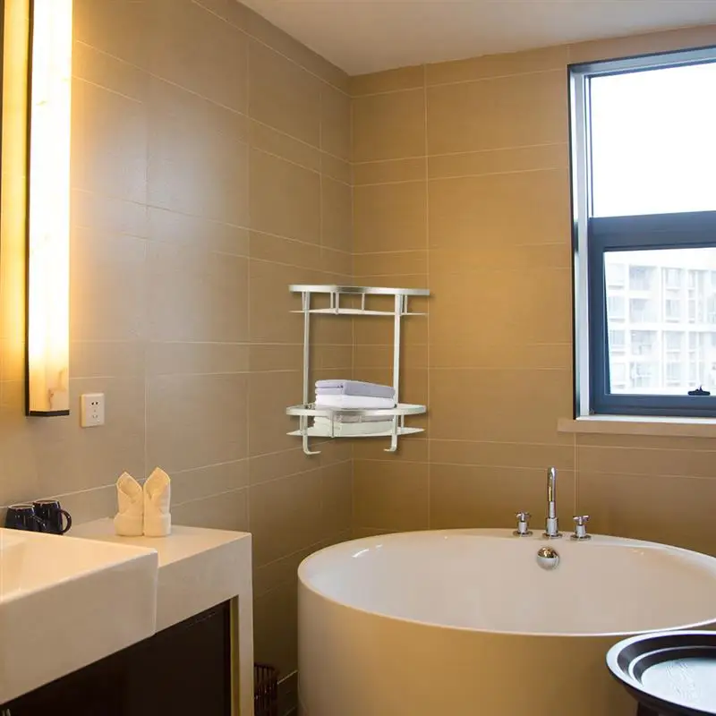 

2layers Bathroom Alumimum Shelf Shower Shampoo Soap Cosmetic Shelves with Robe Hook wall mount Bathroom Accessories