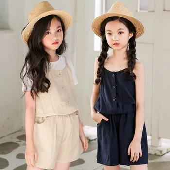

Teenage Kids Girls Overalls Cotton Linen Summer Spring Girls Jumpsuits Rompers 2019 Toddler Shorts Khaki Blue Kids Clothes