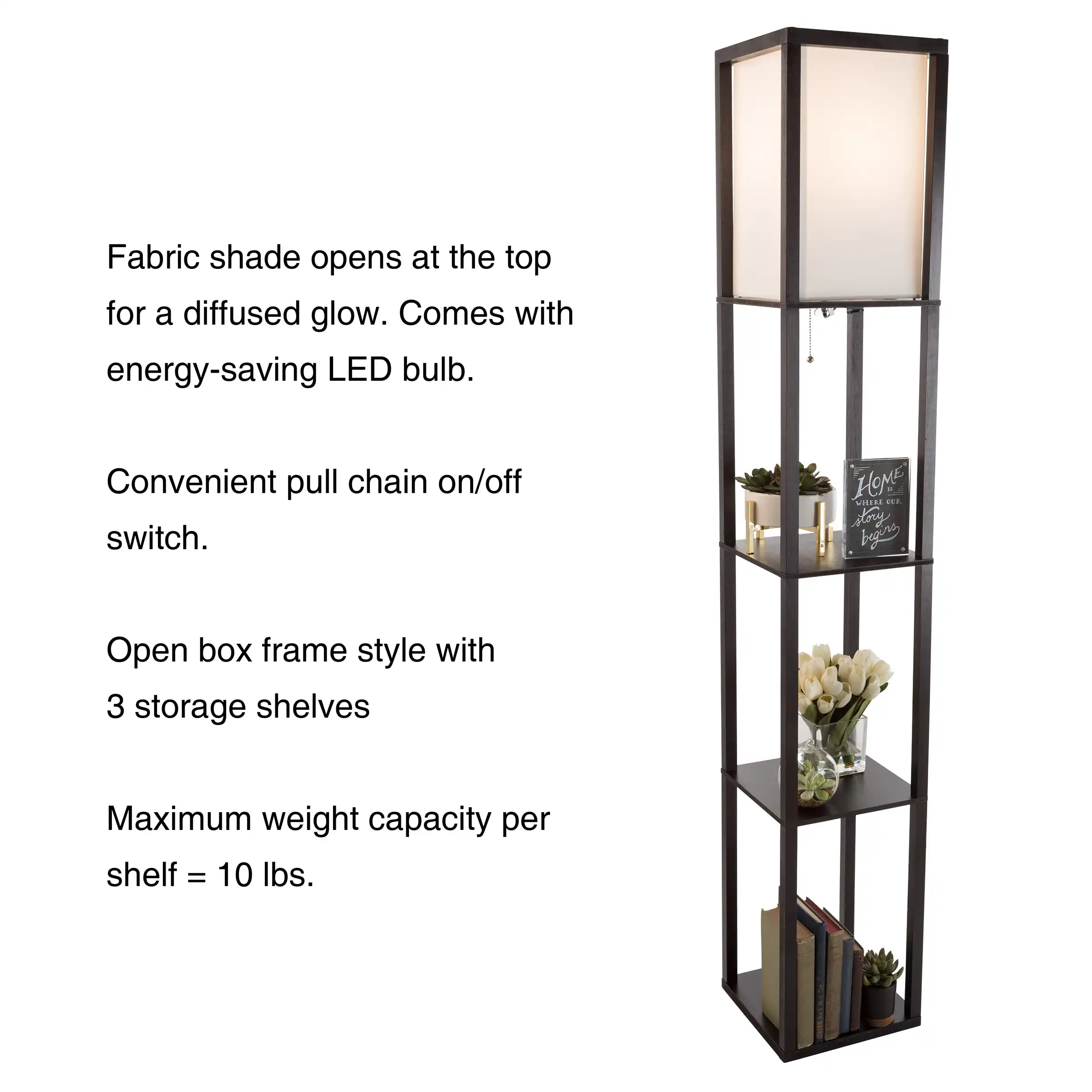 Etagere Black Floor Lamp Fabric Shade Ambient Led Light 3 Shelves