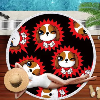 

Cute Dog Beach Towels Round Microfiber Towel Beach Tassels Large Blanket Picnic Yoga Mat Sunbath Bath Towel Toalla De Playa