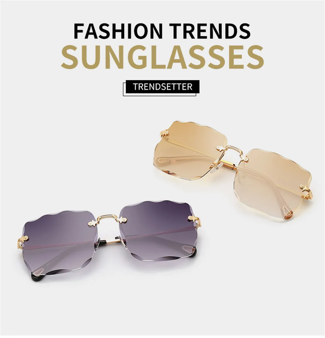 Женские солнцезащитные очки больших размеров, без оправы, с нестандартными волнистыми линзами, роскошные брендовые солнцезащитные очки с металлической оправой, женские солнцезащитные очки UV400