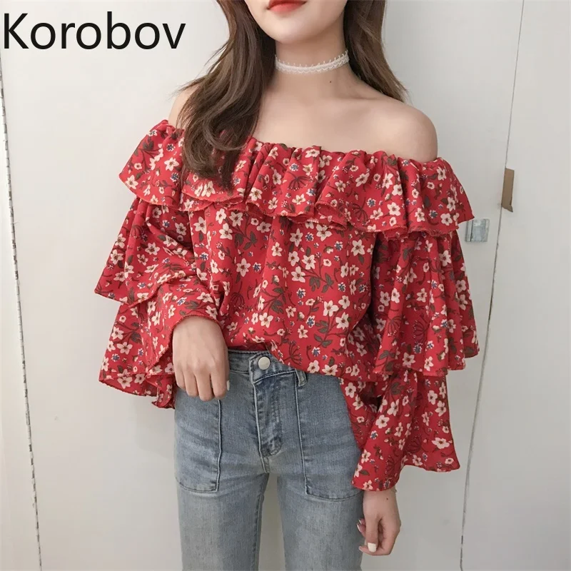 Korobov, Корейская, с вырезом лодочкой, сексуальная, короткая, женская блузка, с расклешенными рукавами, с оборками, винтажные рубашки, цветочный принт, богемный стиль, женские блузы, 77370